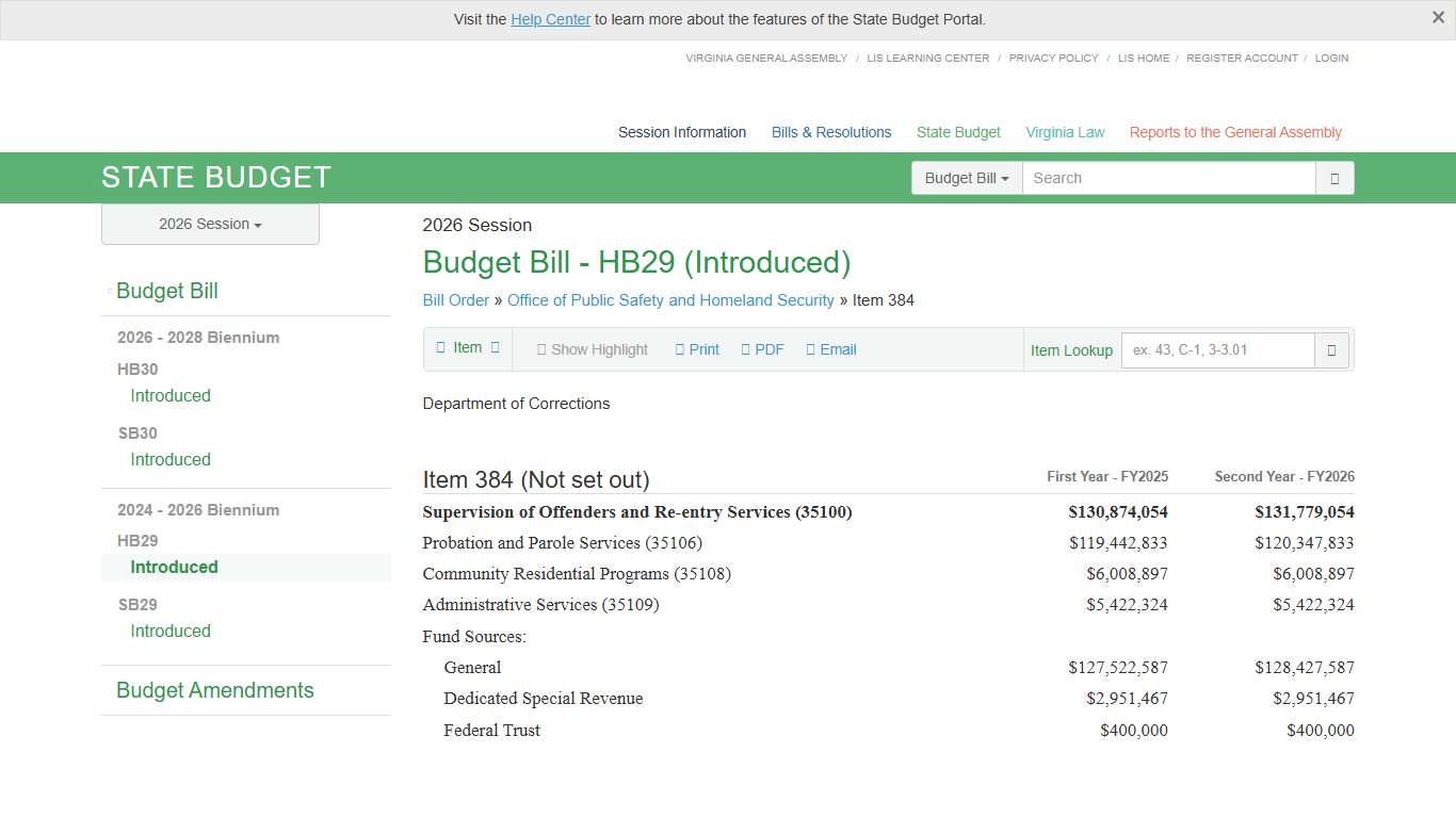 Item 384 (DOC) Supervision of Offenders and Re-entry Services. HB29 - Introduced